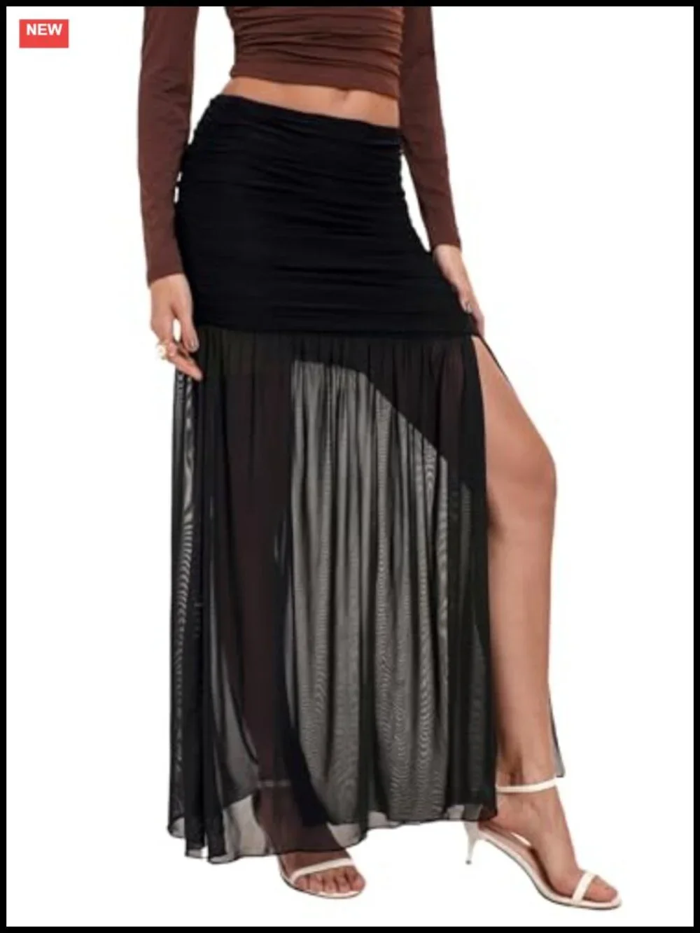Women's Mesh Maxi Skirt Side Ruched Slit Hem Flowy Bodycon